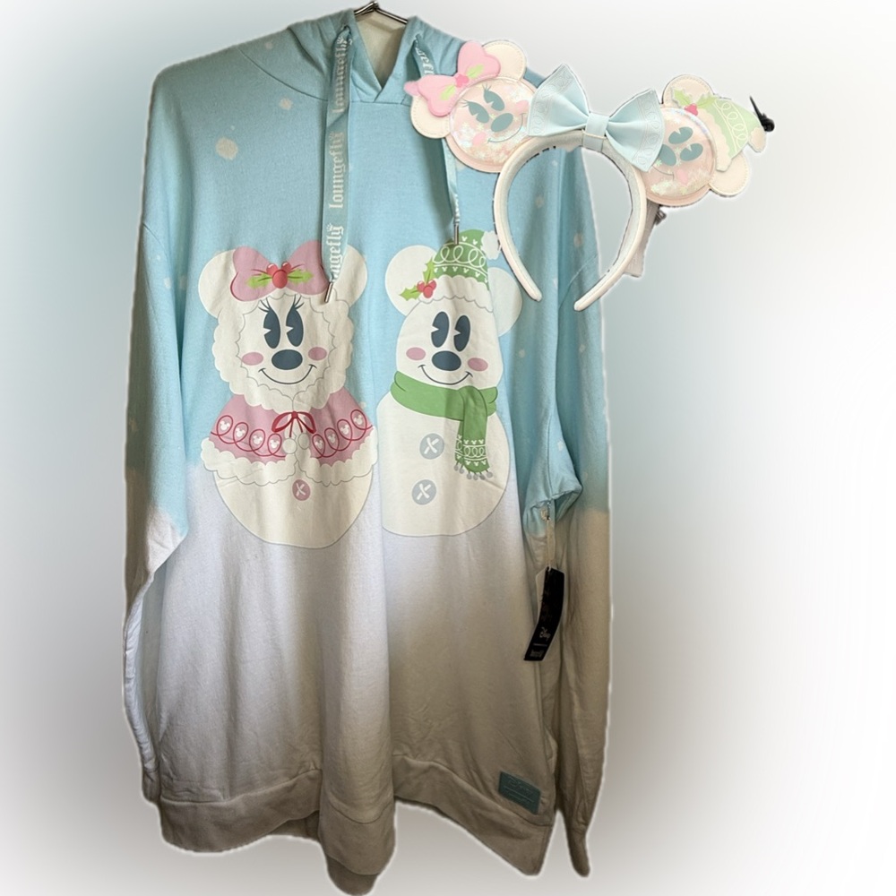 NEW Loungefly Disney Mickey & Minnie Pastel Snowmen Hoodie Size XL w/Ears